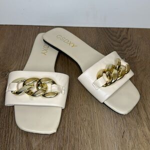 Cream Beige Slide Sandals with Gold Chain Size 39 (US 8.5) CSDXY Square Toe Y2K